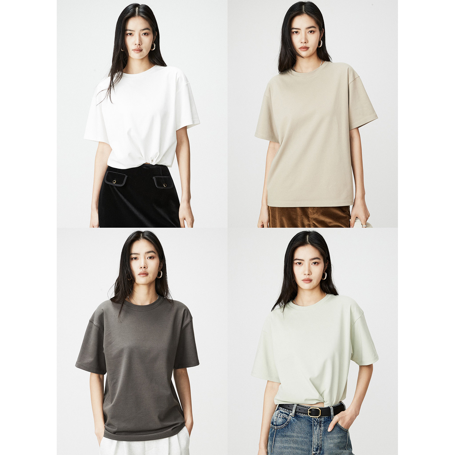 卷袖纯色短袖基础T恤纯棉