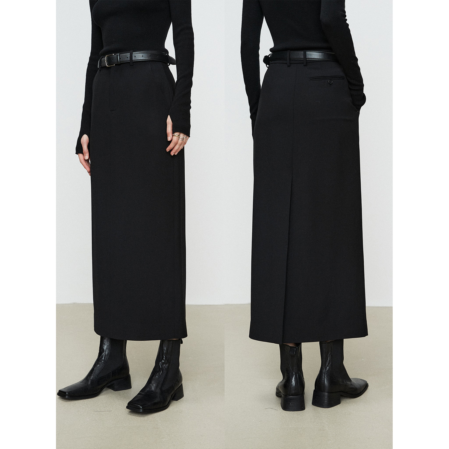 精纺羊毛长款H型西装半裙