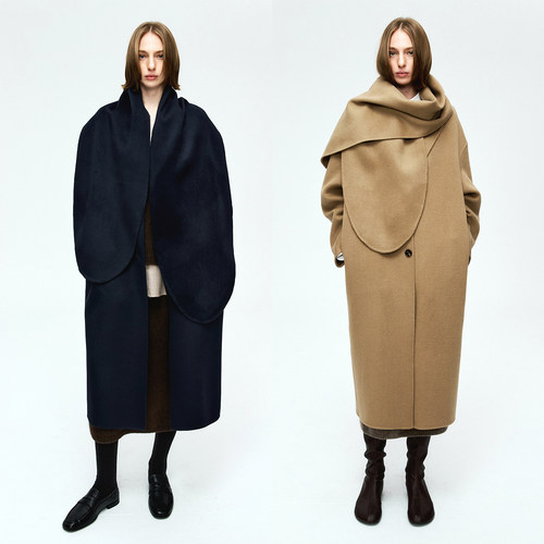 MRS Studios 羊毛羊绒双面呢極简微茧型长款外套大衣/圆弧边围巾