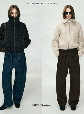 MRS Studios 重磅粗针牦牛绒羊毛时髦宽松高翻领拉链口袋毛衣开衫