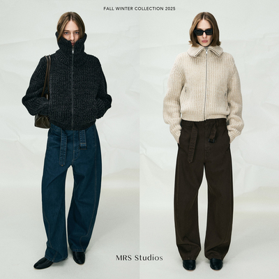 MRS Studios 重磅粗针牦牛绒羊毛时髦宽松高翻领拉链口袋毛衣开衫