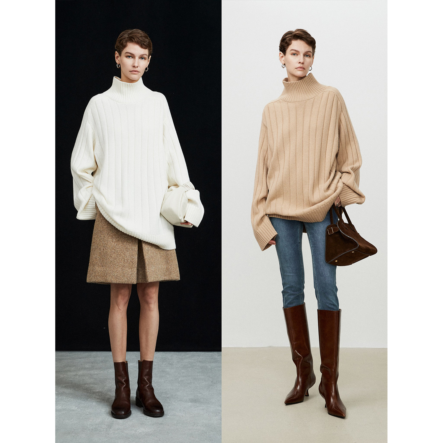 立领坑条长款羊毛针织毛衣