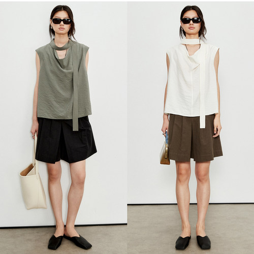 真丝干丝凉感飘带领上衣背心