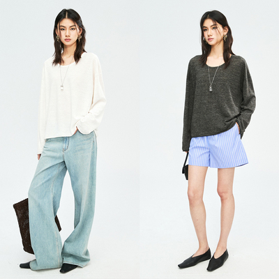 MRS Studios 法国进口亚麻纱线 干爽垂顺U领袖造型针织长袖罩衫