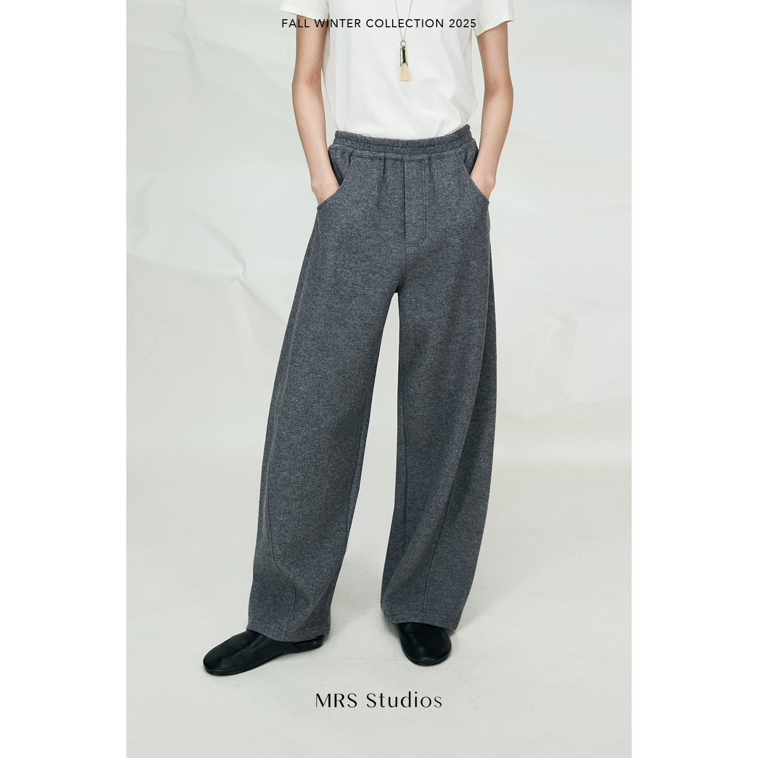 MRS Studios 松紧腰针织羊毛弯刀裤休闲羊毛长裤