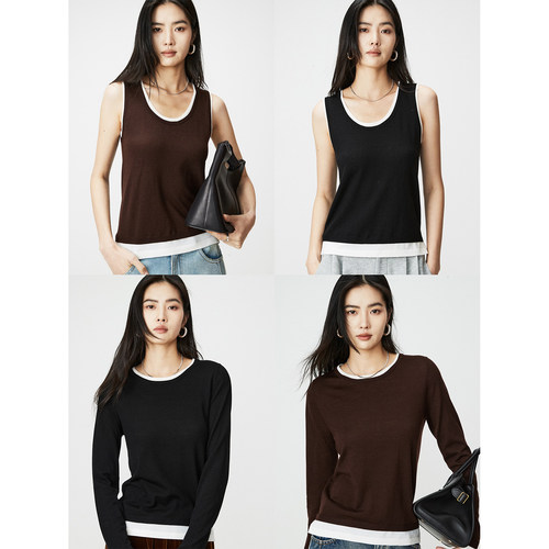 撞色假两件针织背心T恤