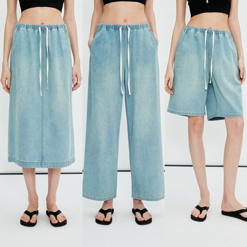 牛仔散步抽绳短裤/半裙/直筒长裤