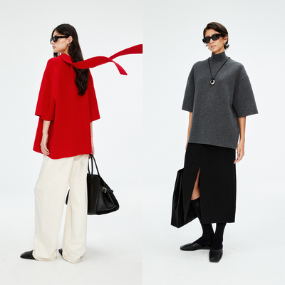 双面羊绒羊毛设计感五分袖针织衫