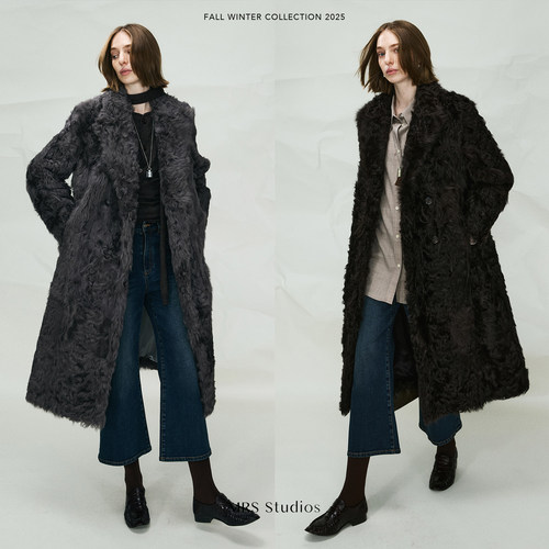 MRS Studios 戗驳翻领双排扣小湖羊皮毛一体长款皮草外套大衣