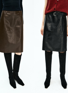 MRS Studios 蜡感羊皮 时髦分割 直筒中长真皮半裙皮裙半身裙