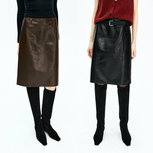 时髦分割 蜡感羊皮 直筒中长真皮半裙 Studios MRS