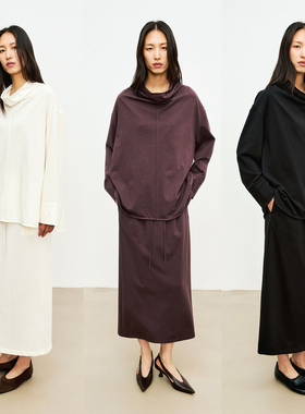 MRS Studios 慵懒散步系列 羊毛+棉针织面料荡领上衣+半裙套装