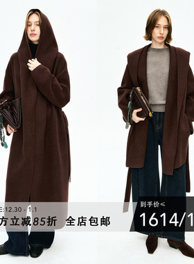 MRS Studios双面立绒 羊毛羊绒连帽裹身浴袍式系带中长款大衣外套