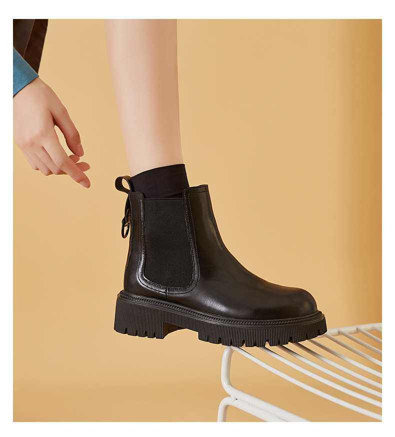 英伦风时装靴女2021秋冬季新款时尚百搭圆头粗跟后拉链中筒靴ins