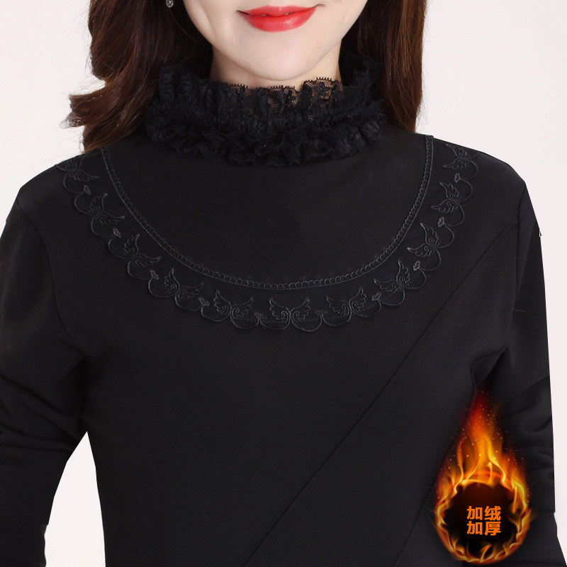 冬季新款女保暖上衣加厚加绒黑色大码蕾丝立领莫代尔棉时尚打底衫