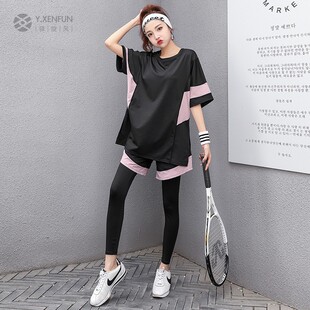 速干羽毛球服女大码宽松胖MM跑步衣短袖健身房显瘦长袖运动套装女