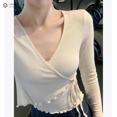 小众运动长袖女健身服V领瑜伽罩衫上衣蝴蝶结抽绳弹力修身外穿搭