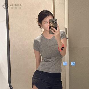 lu同款夏季新款2.0健身瑜伽服运动速干短袖缝T侐女士圆领显腰显瘦