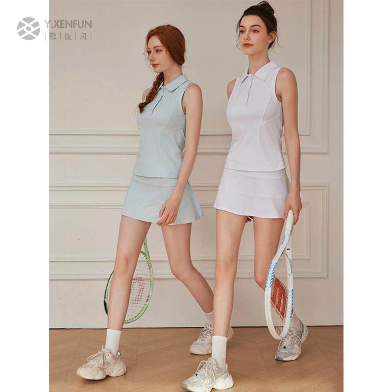 女网球裙套装无袖翻领运动T恤防走光裙裤训练两件套外穿内置口袋