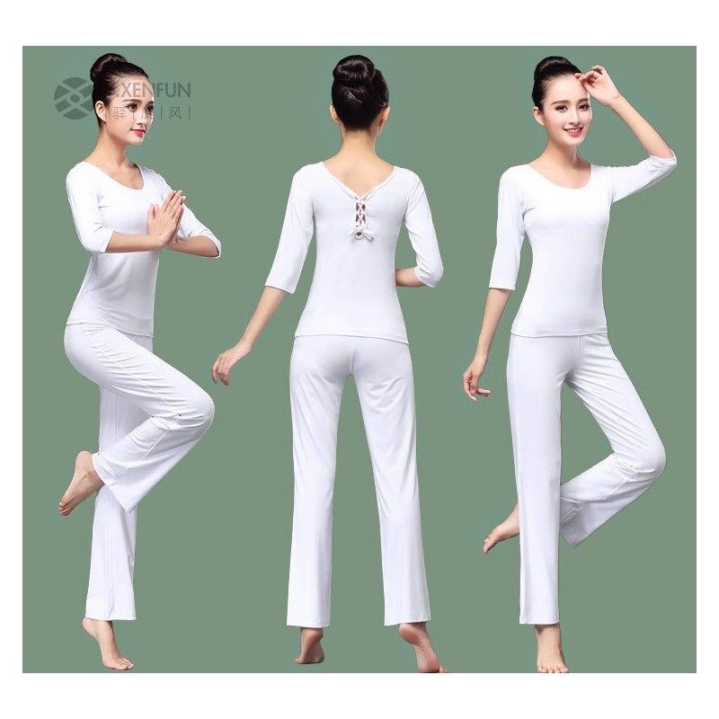 新款白色瑜伽运动服套装女莫代尔棉健身操广场舞大师练功服演出服