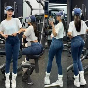 欧美新款瑜伽牛仔速干裤女高腰练提臀显瘦外穿运动紧身训练健身裤