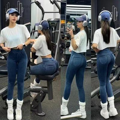 欧美新款瑜伽牛仔芭比裤女高腰练提臀显瘦外穿运动紧身训练健身裤