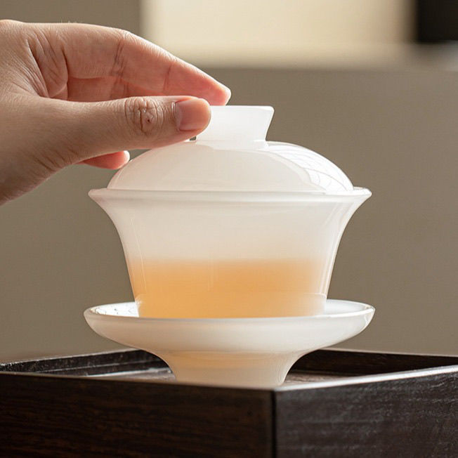 琉璃玉瓷白玉盖碗三件套三才茶杯