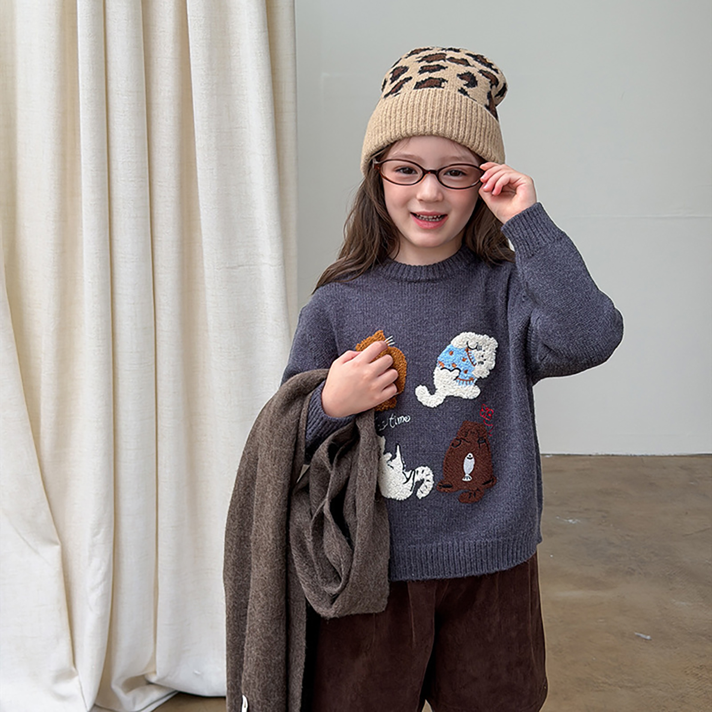 女童冬装可爱毛巾绣毛衣儿童加厚保暖百搭休闲针织套头上衣短裤潮