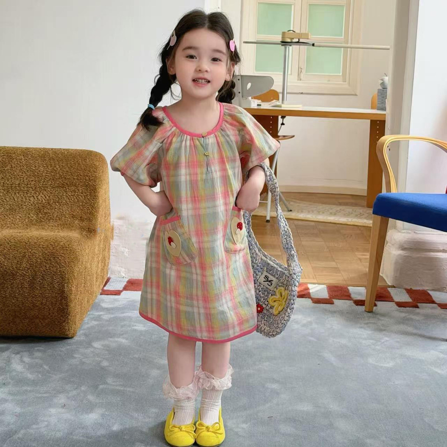 日常可穿公主裙夏季新款洋气时髦儿童彩色格子短袖连衣裙宝宝长裙