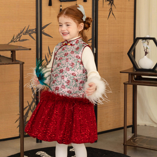 旗袍裙马甲背心裙棉服女宝宝复古中国风拜年服新中式 女童冬季 新款