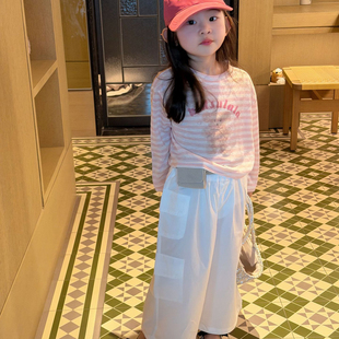 女童薄款长袖t恤2026夏季新款宝宝洋气条纹卡通冰丝凉感防晒上衣