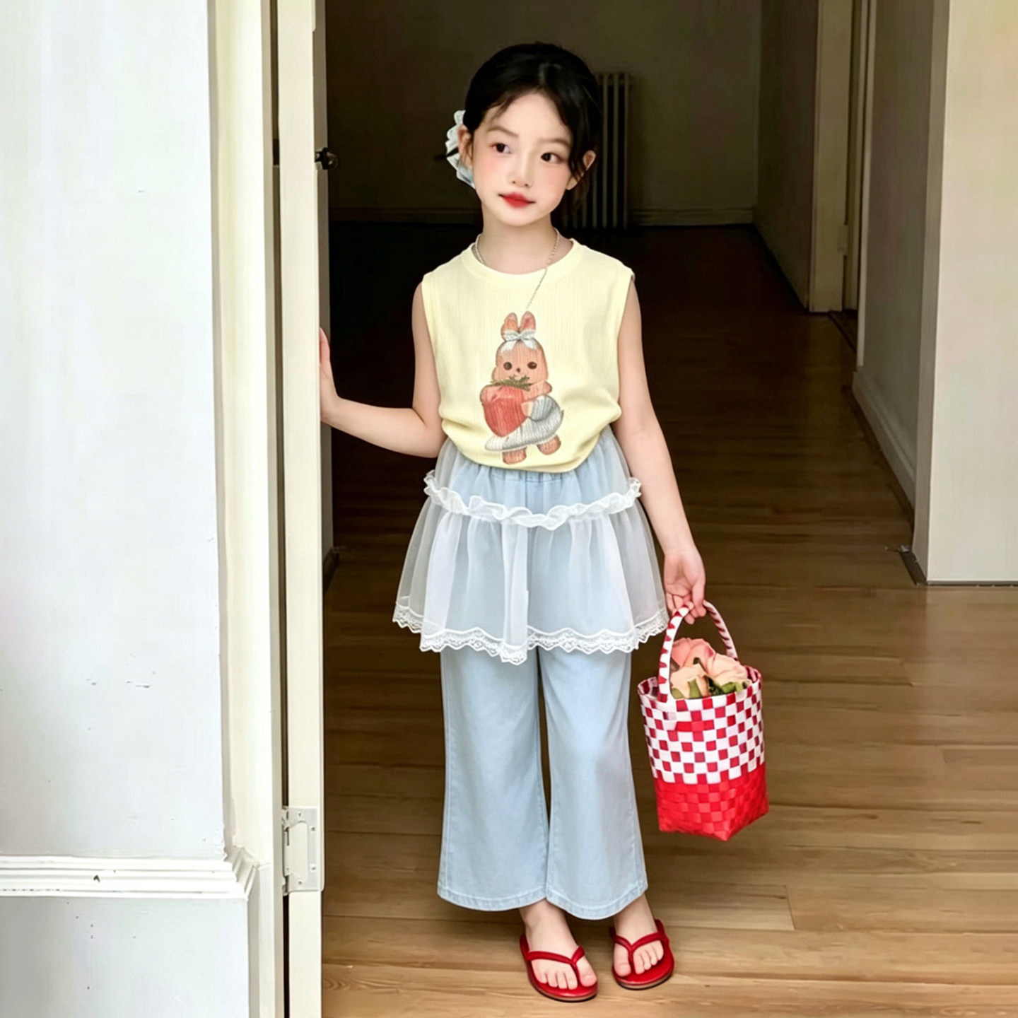 儿童坑条背心2026夏季新款童装女童洋气网纱裙裤卡通无袖T恤裤子