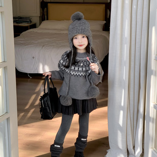 秋冬新款童装女童费尔岛毛衣针织衫复古提花加厚保暖上衣百褶半裙