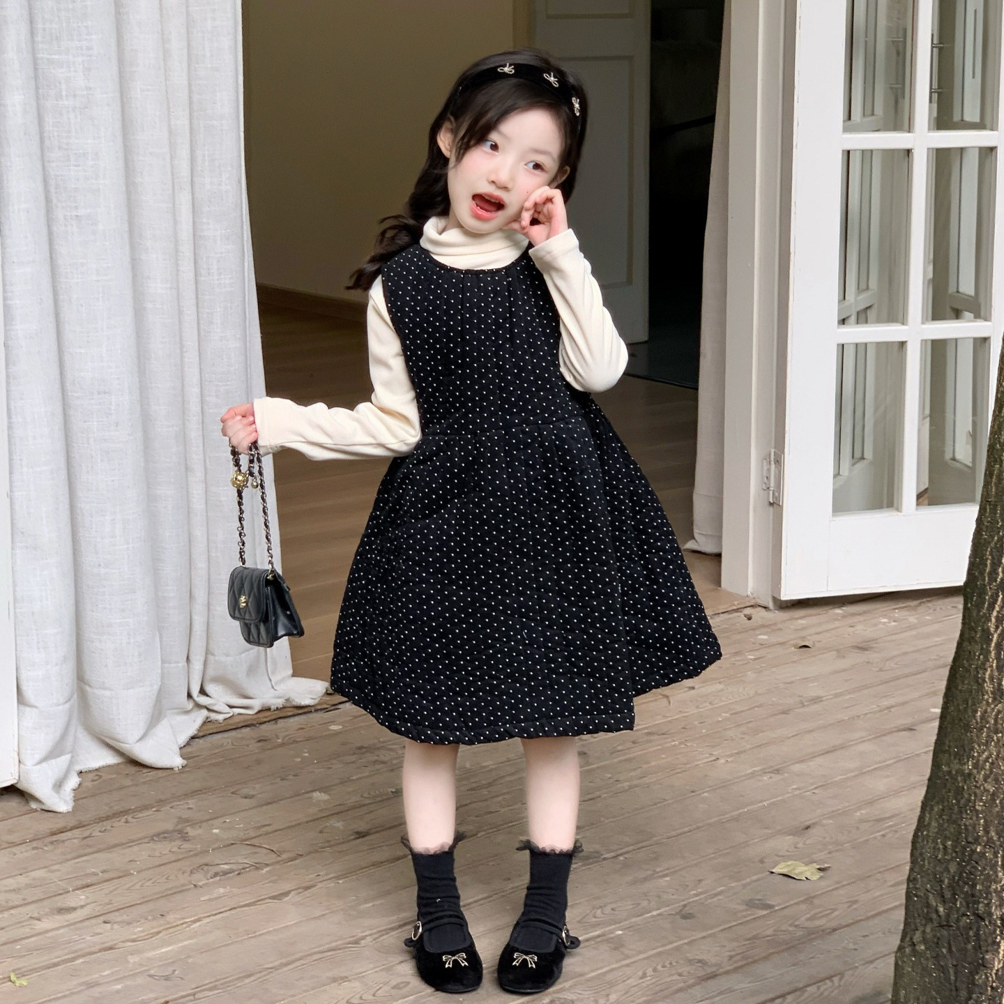 女童夹棉连衣裙秋冬装儿童洋气加厚韩系波点裙子女宝宝冬季公主裙
