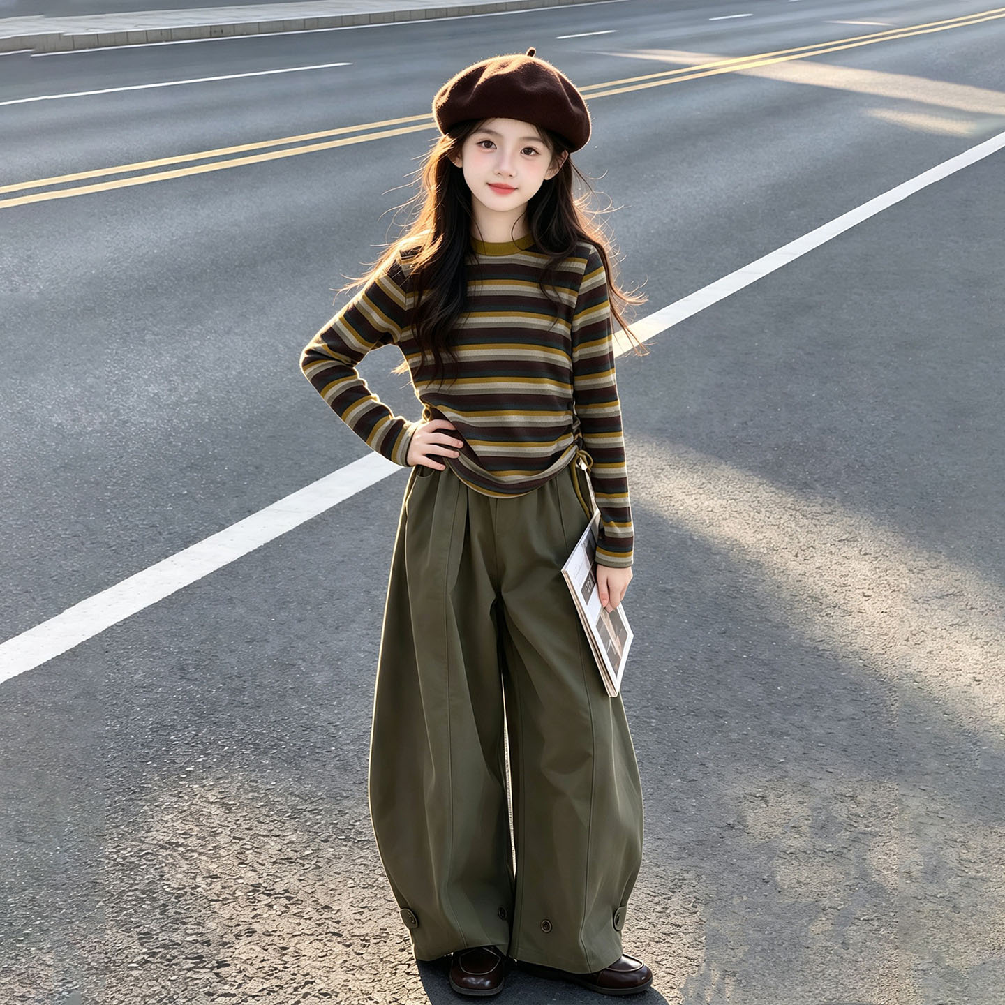 女童套装秋装2026新款儿童秋季条纹长袖上衣女大童运动衣服春秋款