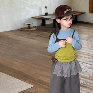 女童套装2026早春新款女孩洋气叠穿拼色吊带打底衫儿童屁帘休闲裤