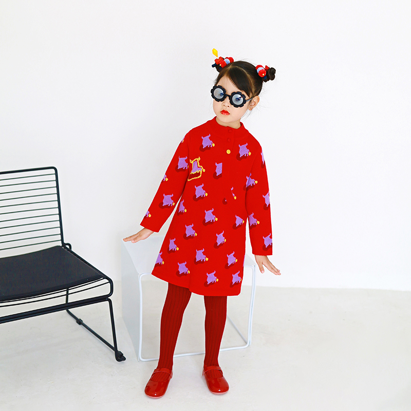 秋冬新款红色旗袍裙子拜年服童装