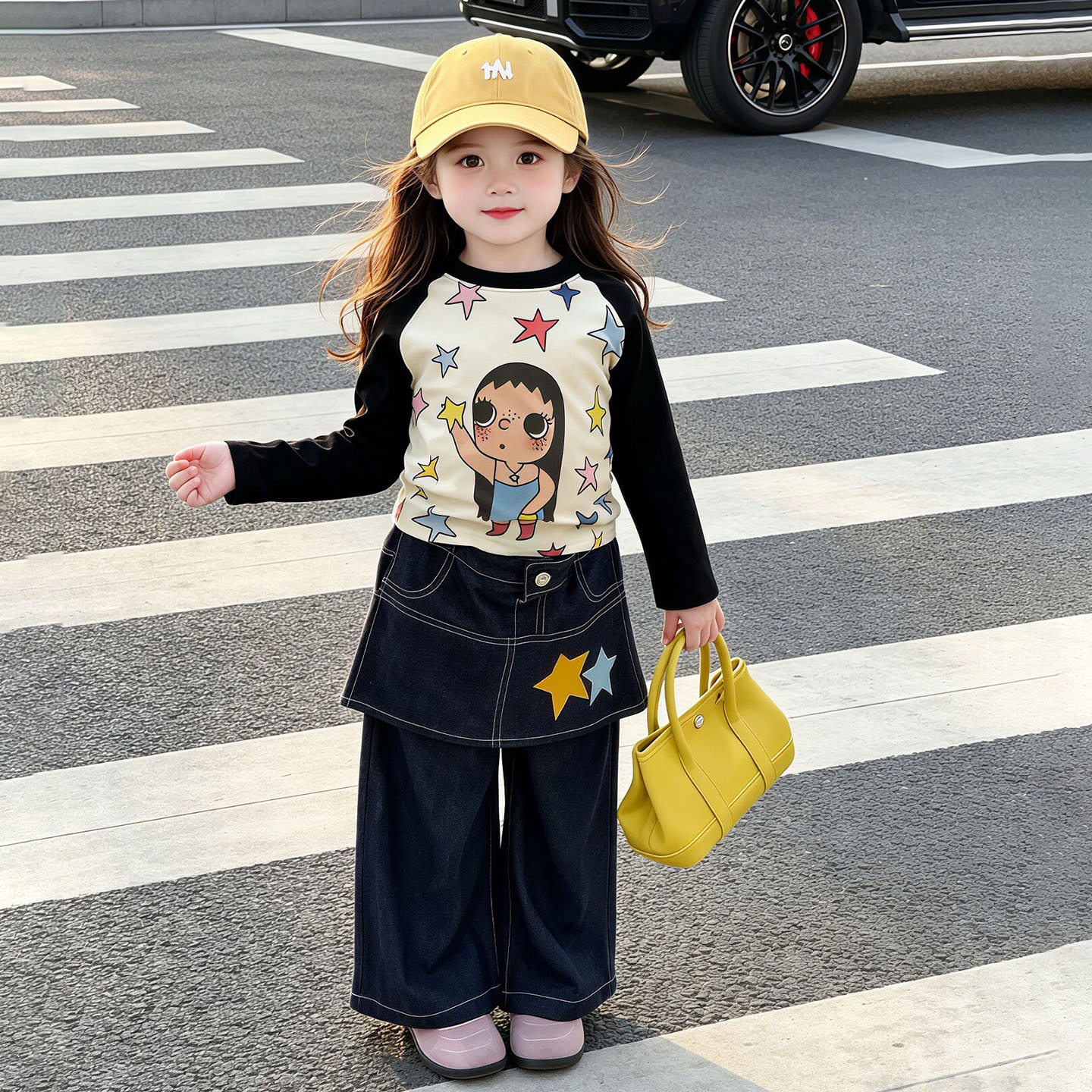 女童套装2026秋季新款儿童星星拼色打底衫女宝宝洋气屁帘牛仔裤子图片