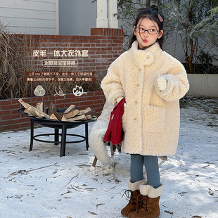 女童冬季立领皮毛一体锁温抗寒毛绒大衣儿童加厚保暖中长款外套潮