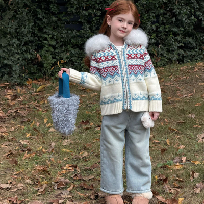 女童加厚费尔岛连帽毛衣开衫