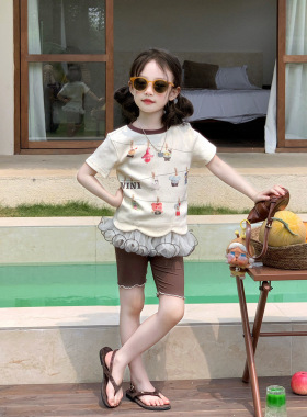 女童套装夏薄款2026新款超好看软萌卡通印花短袖T恤白色屁帘短裤