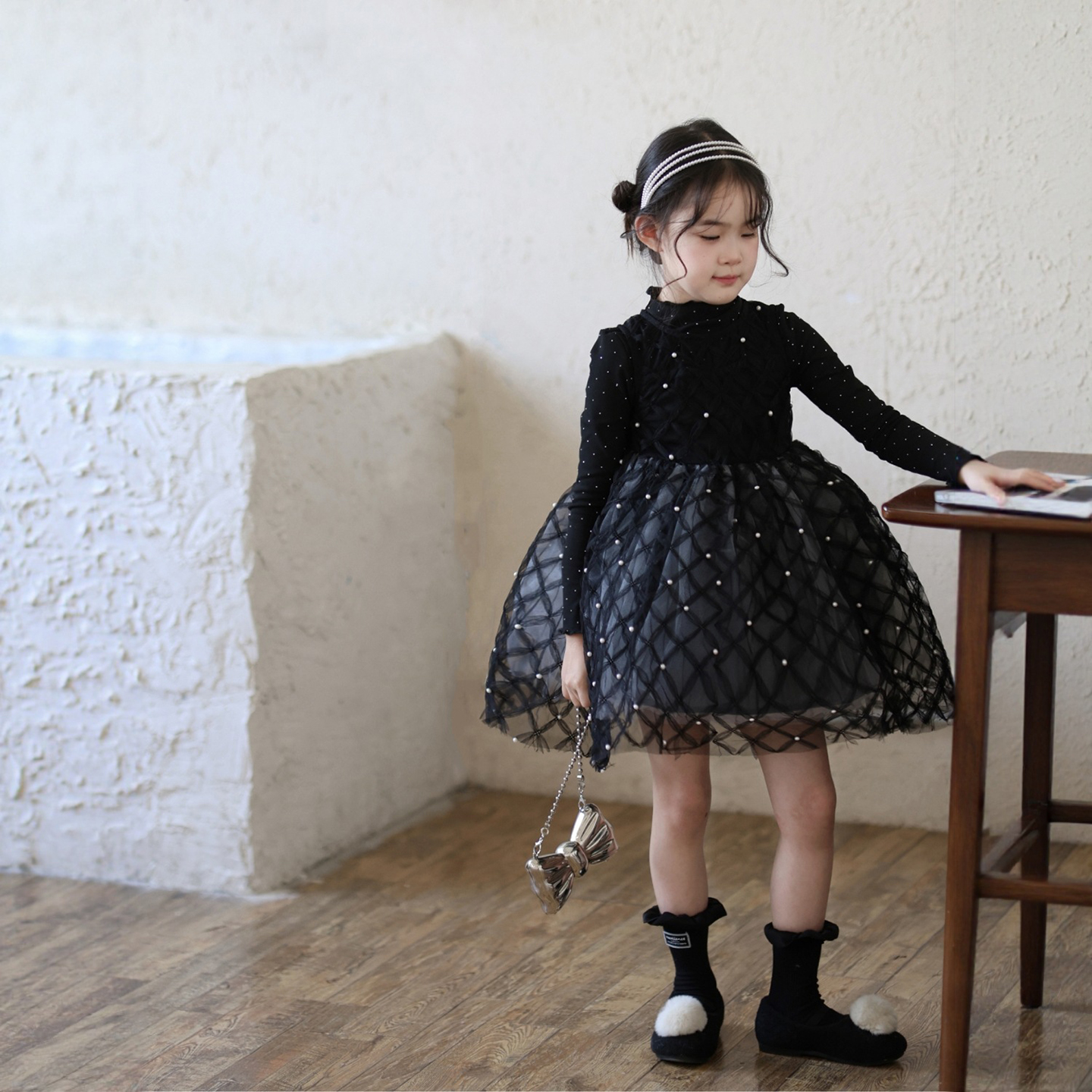 女童黑色格子网纱连衣裙公主裙子