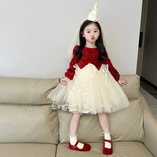女童闪闪丝绒亮片加绒网纱公主裙新年裙2024冬季女孩红色生日裙子