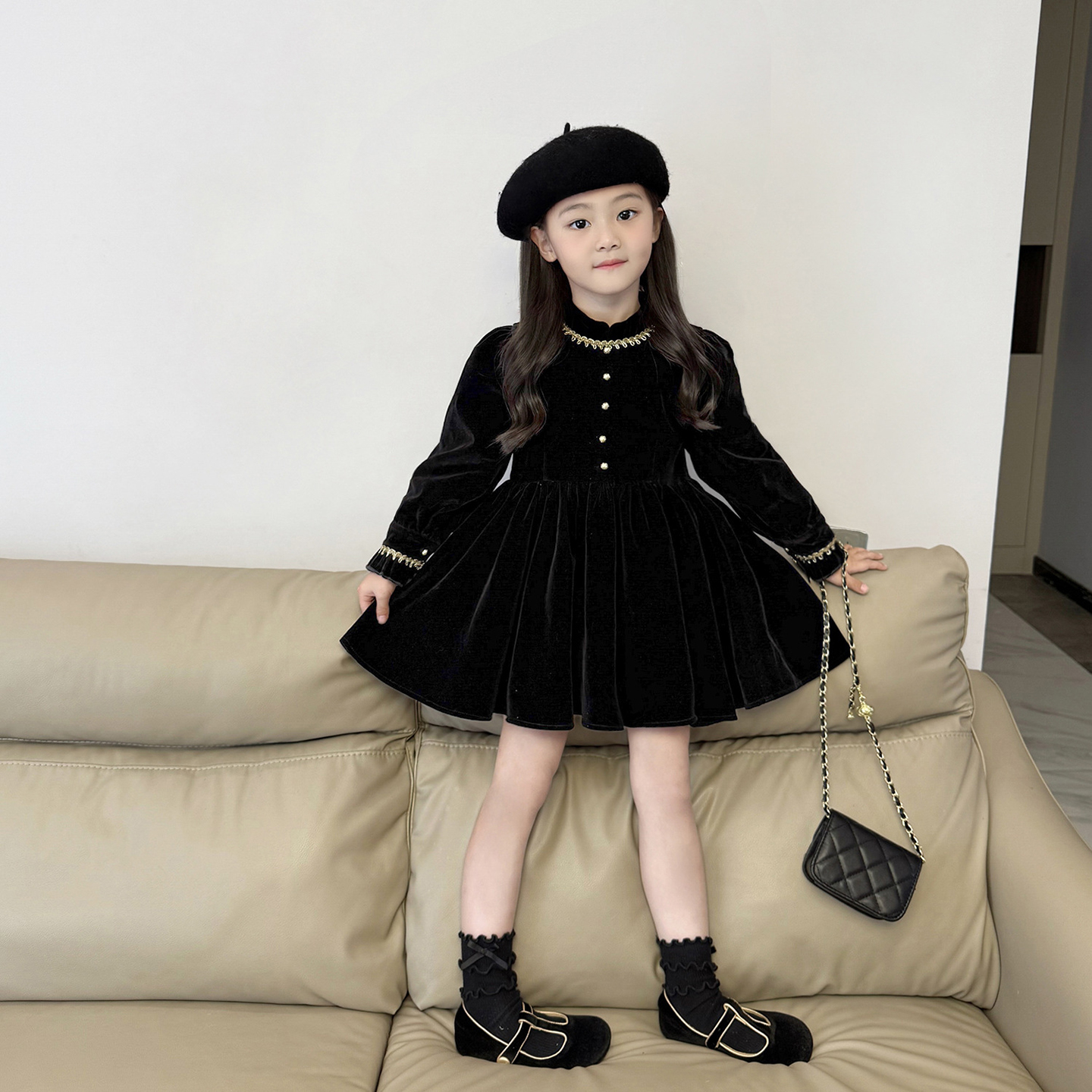 女童冬季加绒赫本风公主礼服裙