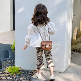 秋季新款女童花边立领娃娃衬衫韩范黑白格修身喇叭裤