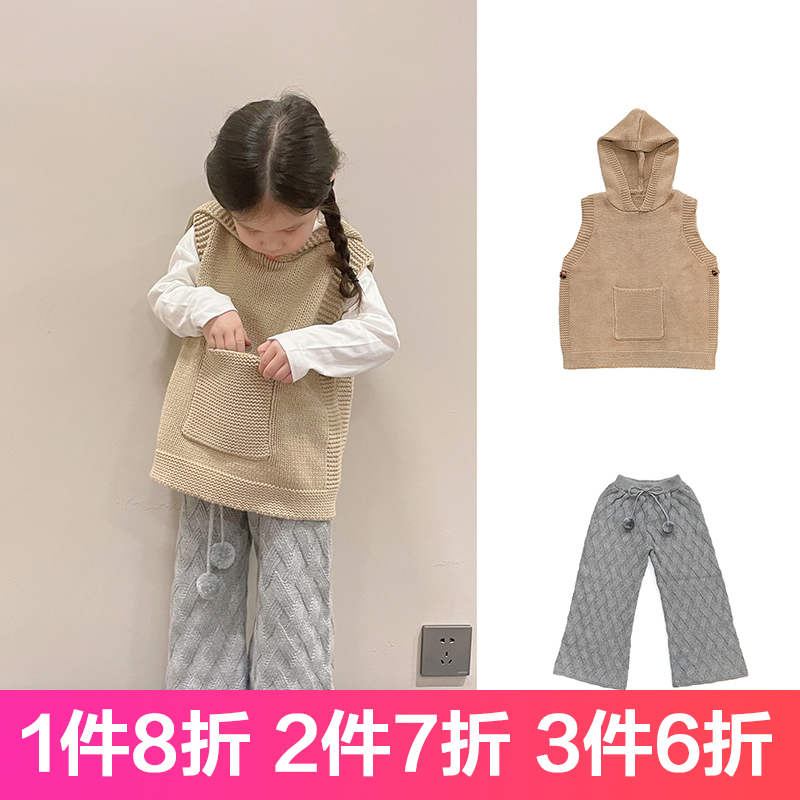 特价秋冬女童口袋连帽马甲休闲韩范宝宝背心球球系带毛线喇叭裤