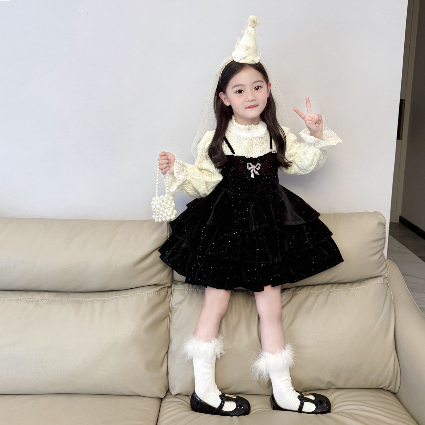 女童千金风假两件丝绒蛋糕裙公主