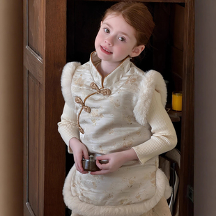 女童拜年服马甲文艺淡雅新中式 外套上衣毛衣半裙 盘扣夹棉旗袍唐装
