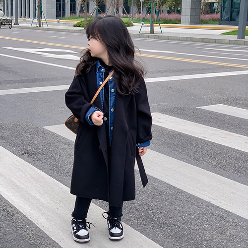 女童春季黑色呢子中长款大衣