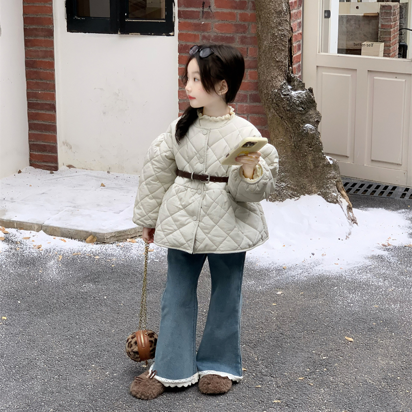 韩国童装女童菱形格加绒夹棉外套